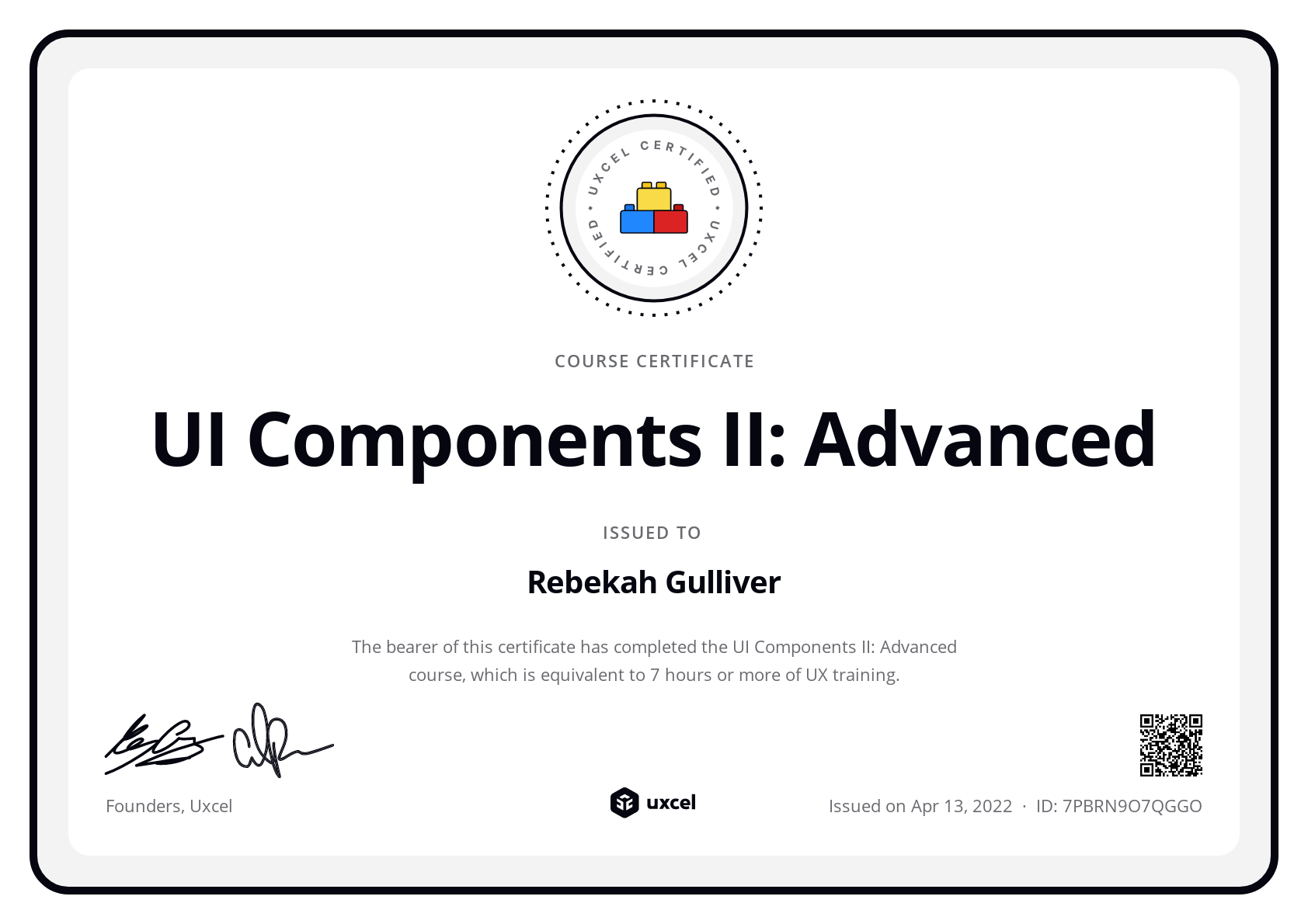 Rebekah Gulliver's certificate